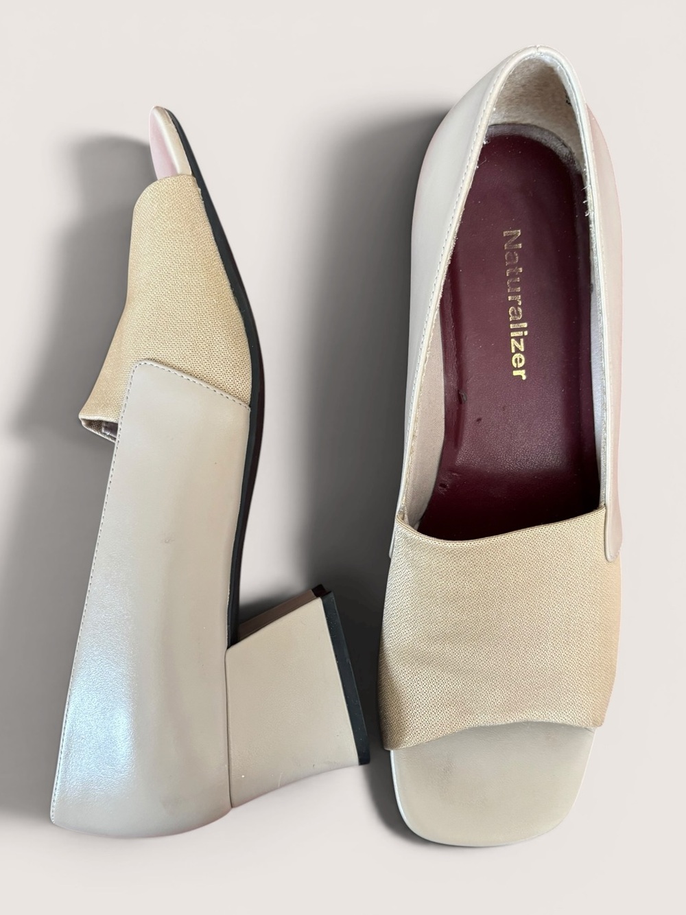 Naturalizer Beige Leather Open Toe Slip On Block Heel Shoes Size 9